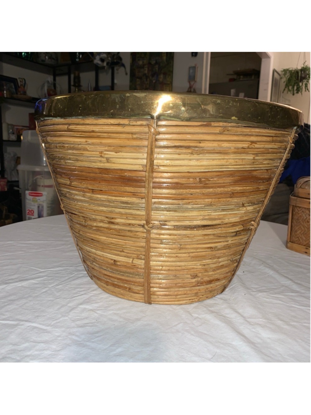 Mid century brass & Pencil Rattan Basket large